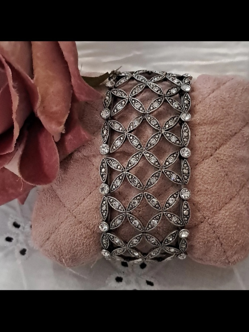 Monet Silver-Tone Crystal Lattice Cuff Bracelet - Silver- Stretchy